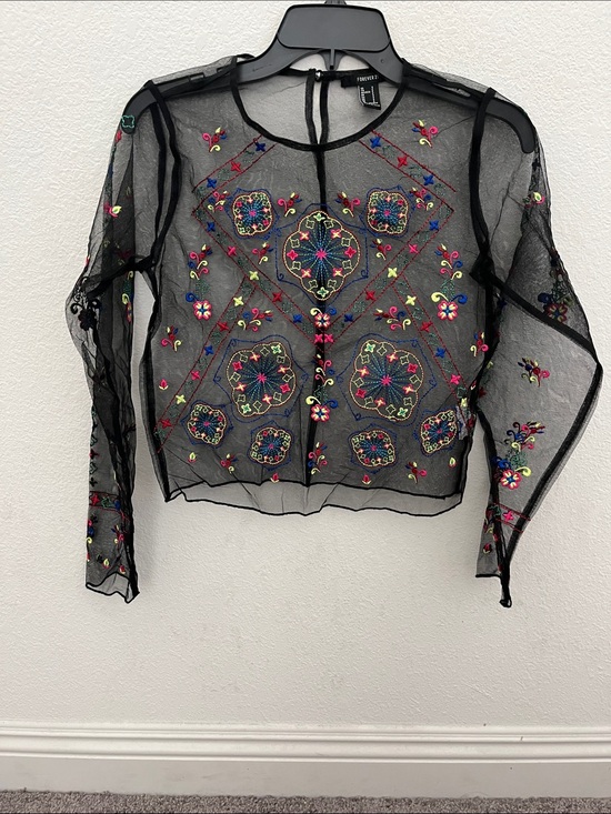 Forever 21 Tops - Forever 21 Black Sheer Mesh Embroidered Long-Sleeve Top